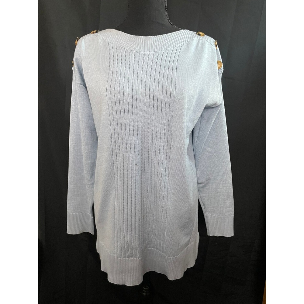 CABLE & GAUGE Sweater PL Light Blue Button Shoulder Trim Knit Pullover Petiteβ